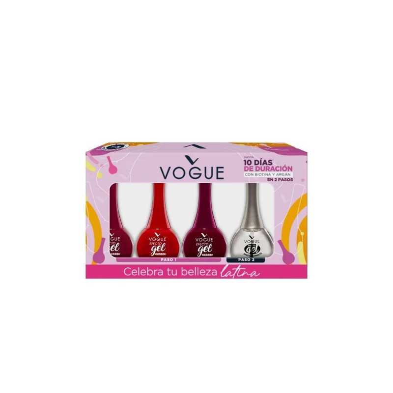 VOGUE SET 4 ESMALTES 14ml EFECTO GEL TONOS ROJOS