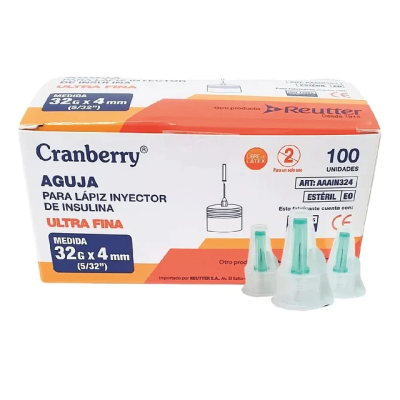 Aguja para lápiz de Insulina 32G x 4 mm x 100 unidades. (Cranberry)