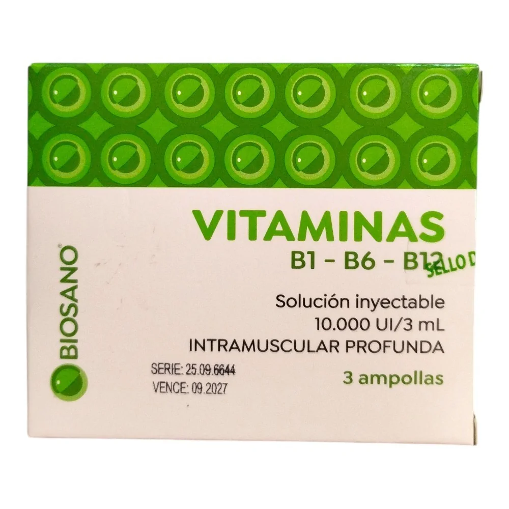 Vitamina B1-B6-B12 10.000ui 3ml x 3 ampollas (Biosano) - Farmacia AraucoMed