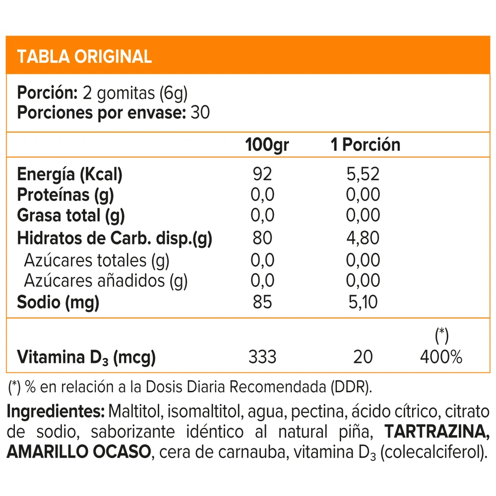 Vitamina D3 800 U.I. x 60 gomitas sabor piña. (Sunvit)