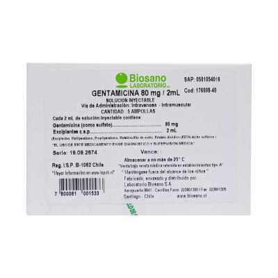Gentamicina Iny. 80mg/2ml x5amp. (Biosano)